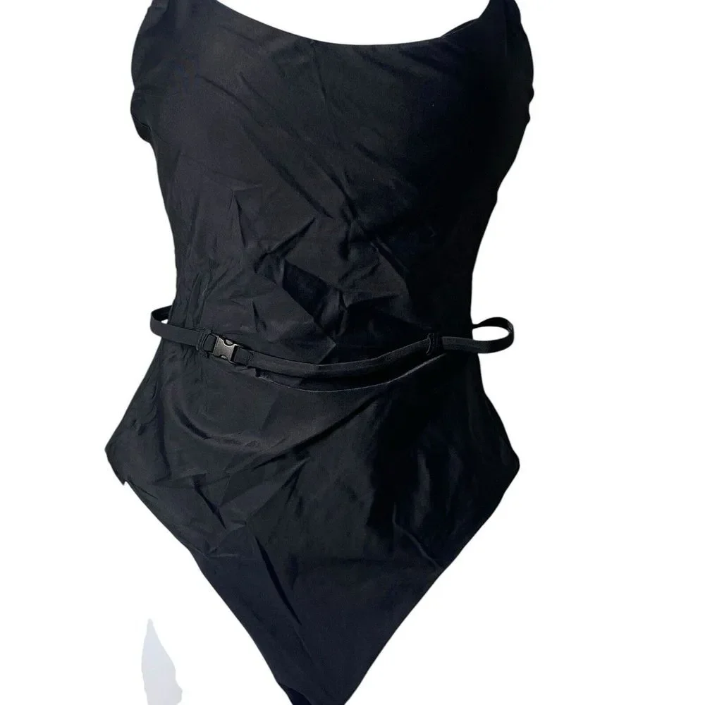 Andie Swim Riviera One Piece Swimsuit Belted Removable Cups Black Women's Size M